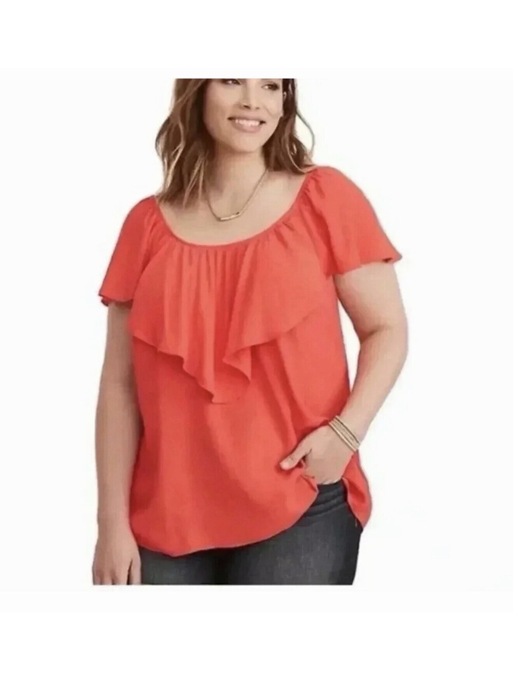 Torrid Blouse Size 0 Bright Red Short Flutter Sleeve Cap Scoop Neck Layered